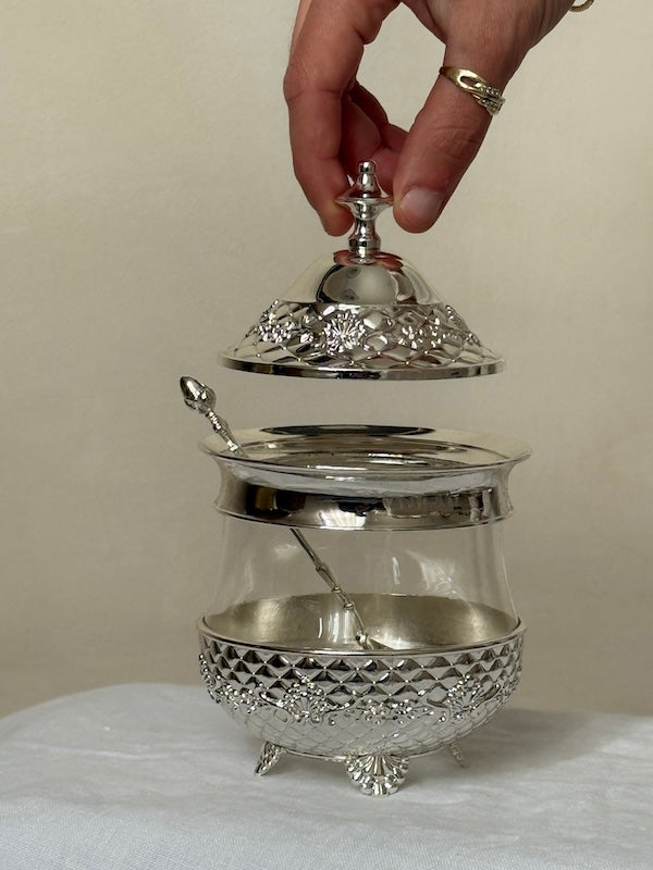 Côte d'Azur Silver-Plated and Glass Sugar Serving Dish with Lid and Spoon