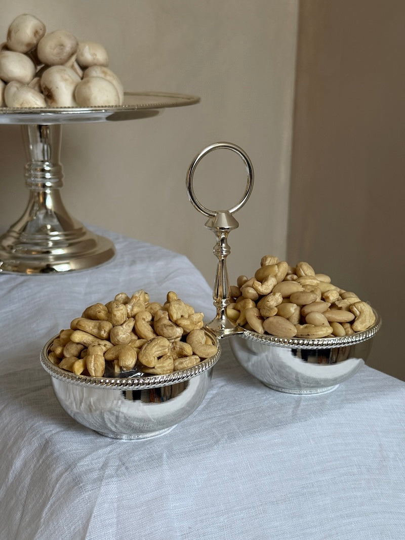 Umbria Silver-Plated Serving Bowls with Carry Handle and Delicate Embellishments