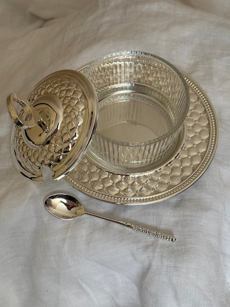 Côte d'Azur Silver-Plated Serving Set with Glass Bowl, Lid, and Spoon