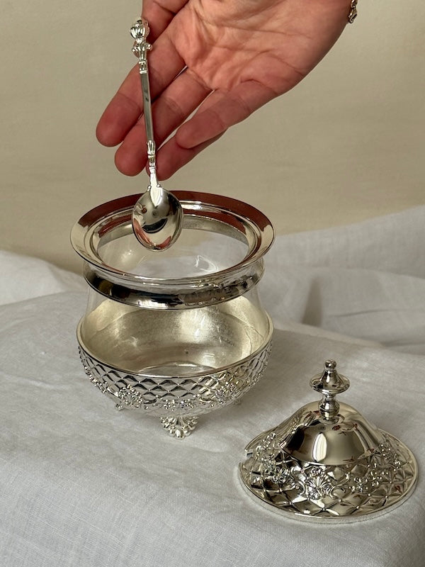 Côte d'Azur Silver-Plated and Glass Sugar Serving Dish with Lid and Spoon