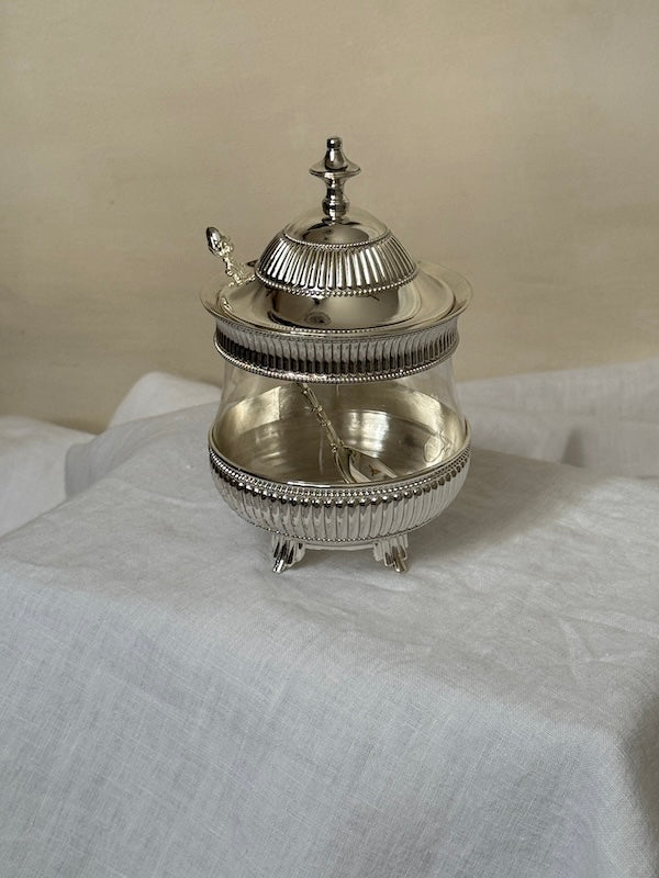 Umbria Silver-Plated and Glass Sugar Serving Dish with Lid and Spoon