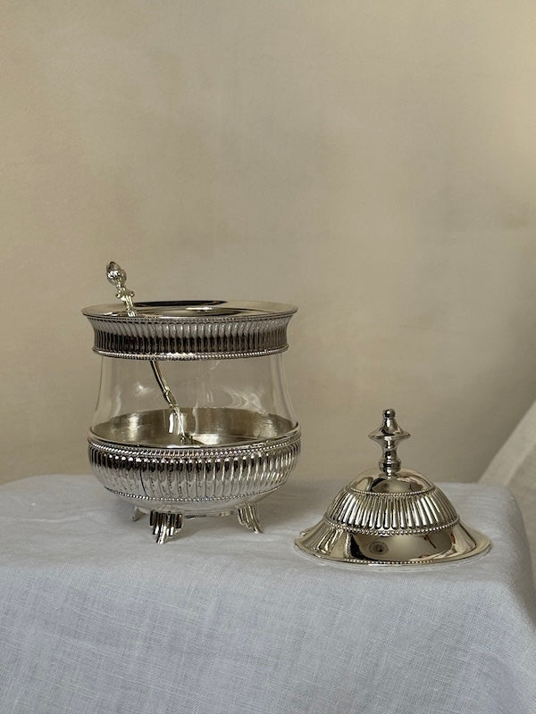 Umbria Silver-Plated and Glass Sugar Serving Dish with Lid and Spoon